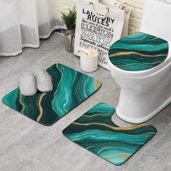 Teal Gold Marble Wave Dot Pattern Bathroom Rugs Sets 3 Piece,Toilet Cover Set,Absorbent Non Slip Bathroom Mats Sets with U-Shaped Contour Rug Toilet Rug Set