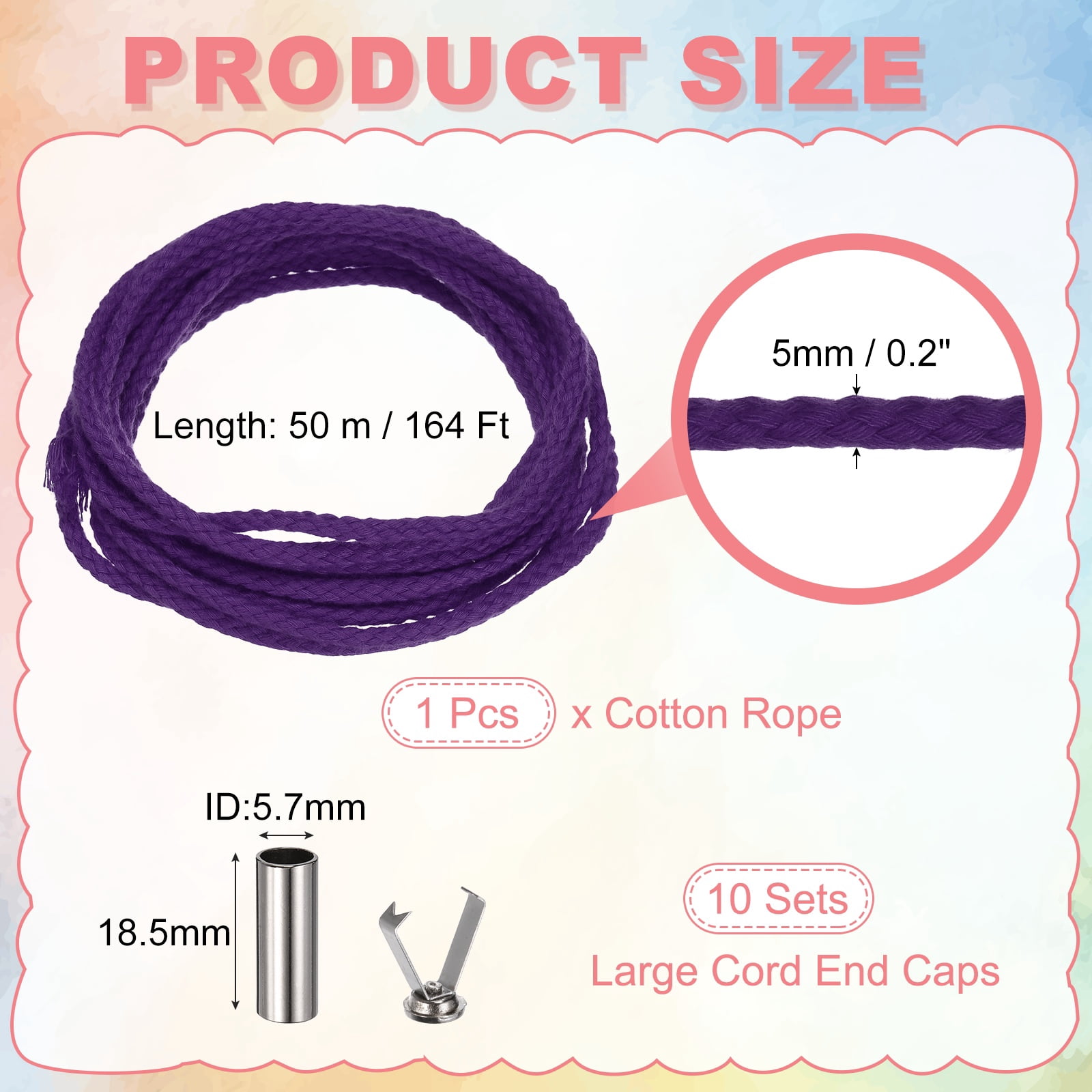 Braided Macrame Cord, 3/16" x 164ft 8 Strand Cotton Rope Braided String with Cord End Caps for Drawstring, Plant Hanger Wall Hanging, Dream Catcher Crafts, Purple