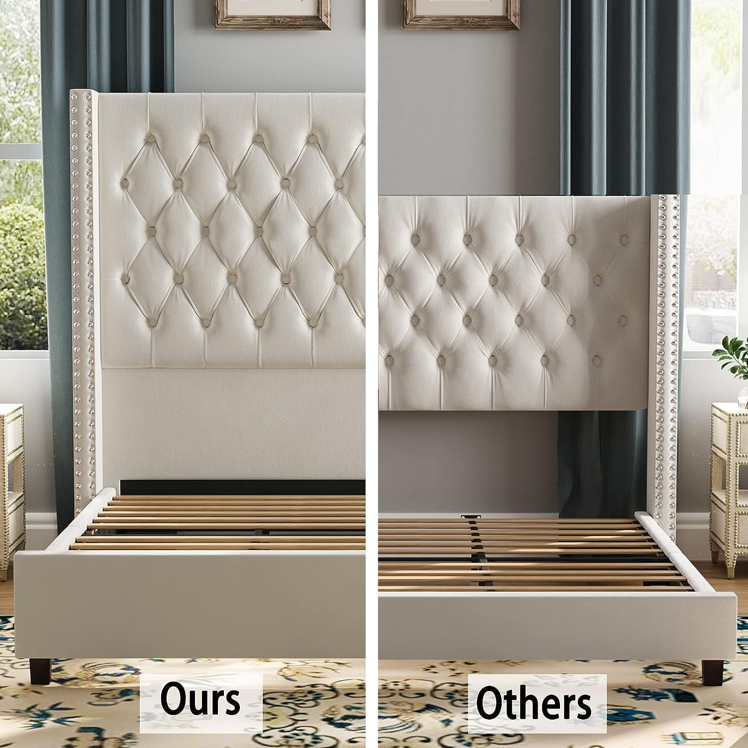 Merluxy King Bed Frame 61.4" Tall Headbord with Deep Button Tufting and Velvet Upholstered,Cream