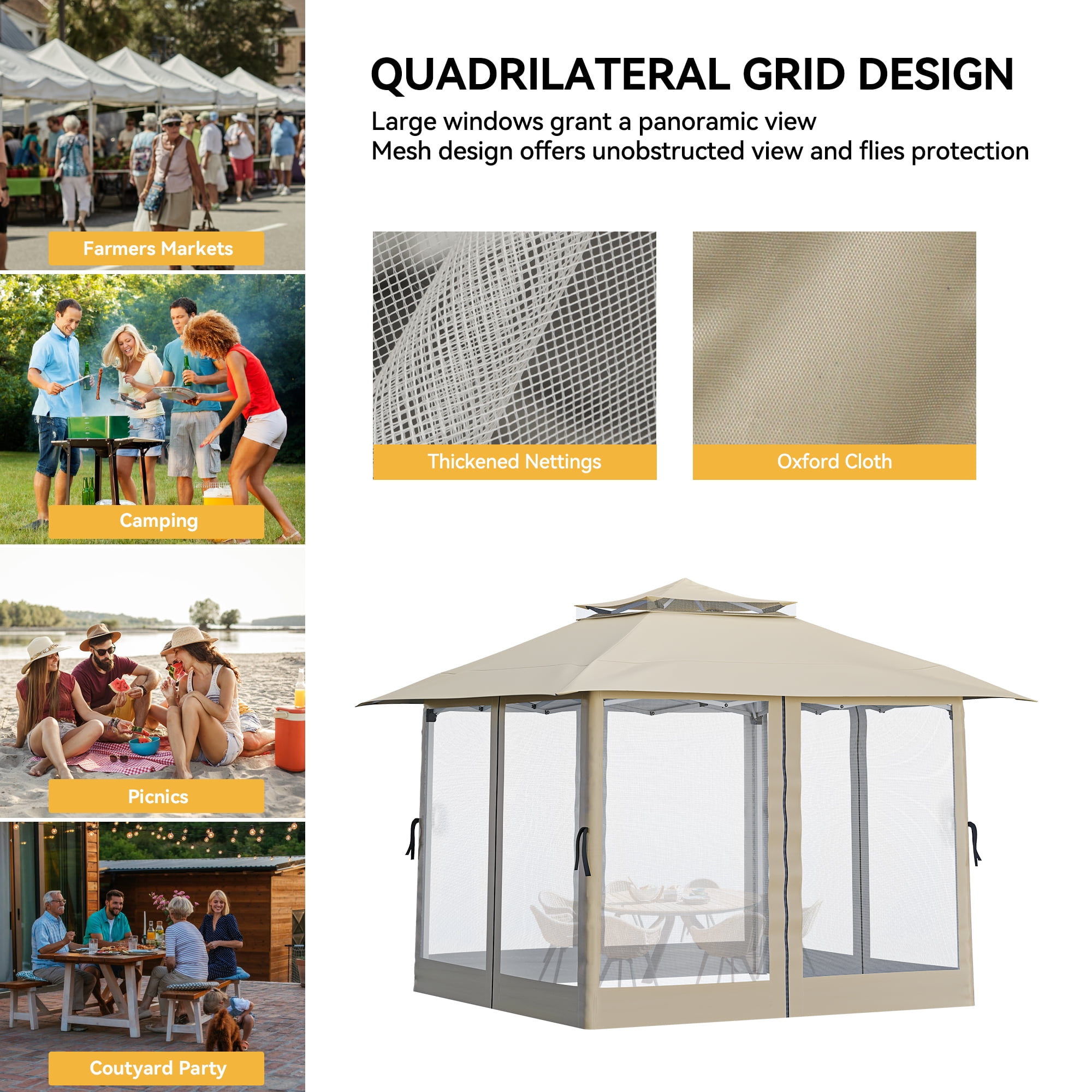 Dextrus 13x13ft Pop Up Gazebo Double Roof Patio Gazebo, Outdoor Portable Canopy Instant Tent with Netting for Lawn, Garden, Backyard and Deck, Beige