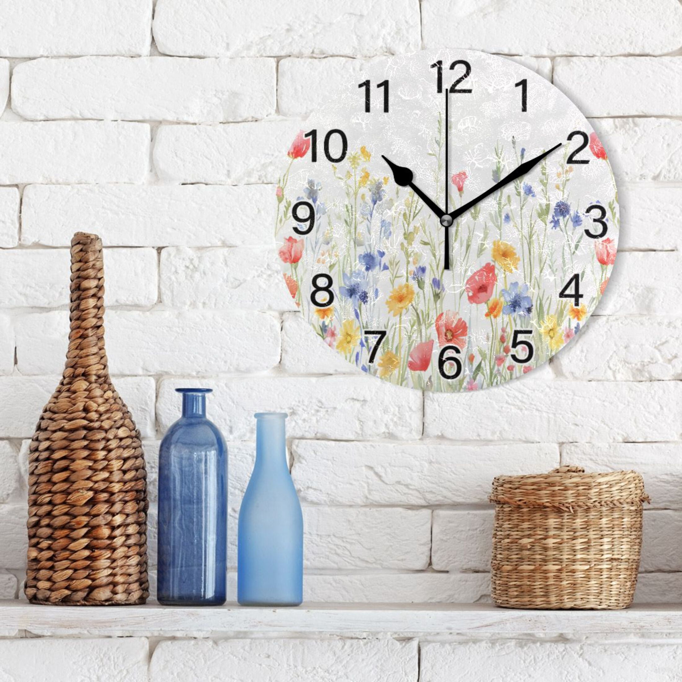 Ryvnso Watercolor Poppy Floral Wall Clock Non Ticking Silent Kitchen Clock Battery Operated Clocks 10 inch
