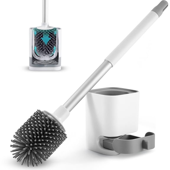KING BOWOLF Silicone Toilet Brush and Holder Set, Quick Dry Ventilated Bathroom Brush with No Drip Base, Wall Mount or Freestanding Design, White