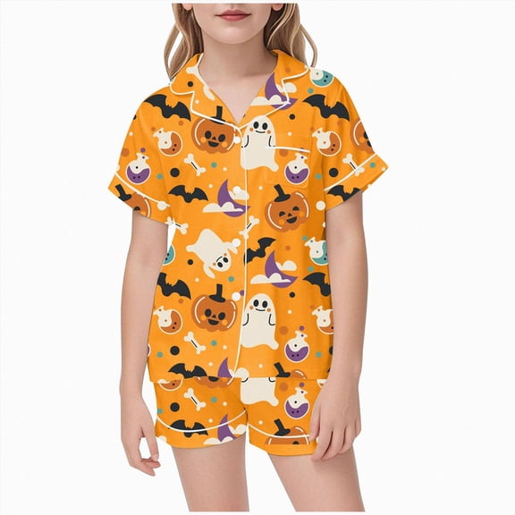 TOWED22 Girls Halloween Satin Pajamas Set Button Down 2 Piece Pjs Shorts Set 2-13 Years Loungewear Sets Sleepwear Outfit Sets for 2-13 Years Teens(Orange,8-9 Y)