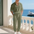 thumbnail image 5 of Timoontee Men's Lightweight Summer 2 Piece Set Loose Fit Casual Tracksuits Long Sleeve Button Mock Neck Shirts with Drawstring Pant Sets for Daily & Beach Vacation Army Green L, 5 of 9