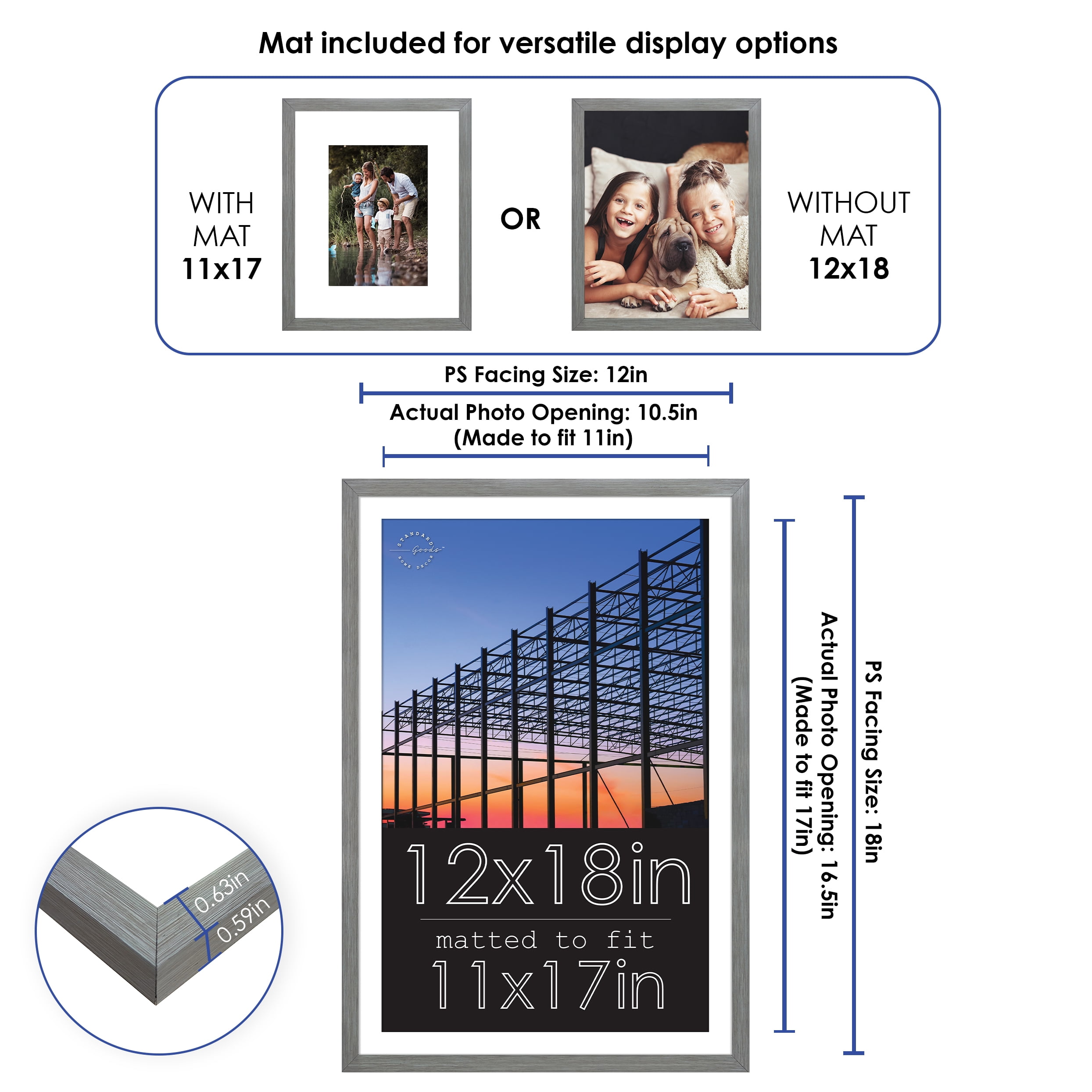 Standard Goods Home Décor 12x18 Matted to 11x17 Grey Linear Picture Frame, 5-Pack for Wall Display.