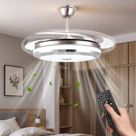 Retractable Ceiling Fan with Lights and Remote,42 Inch Fandelier Ceiling Fan with Light, 6 Speed Dimmable Reversible Memory, Modern Silent Smart Fan for Bedroom Living Room