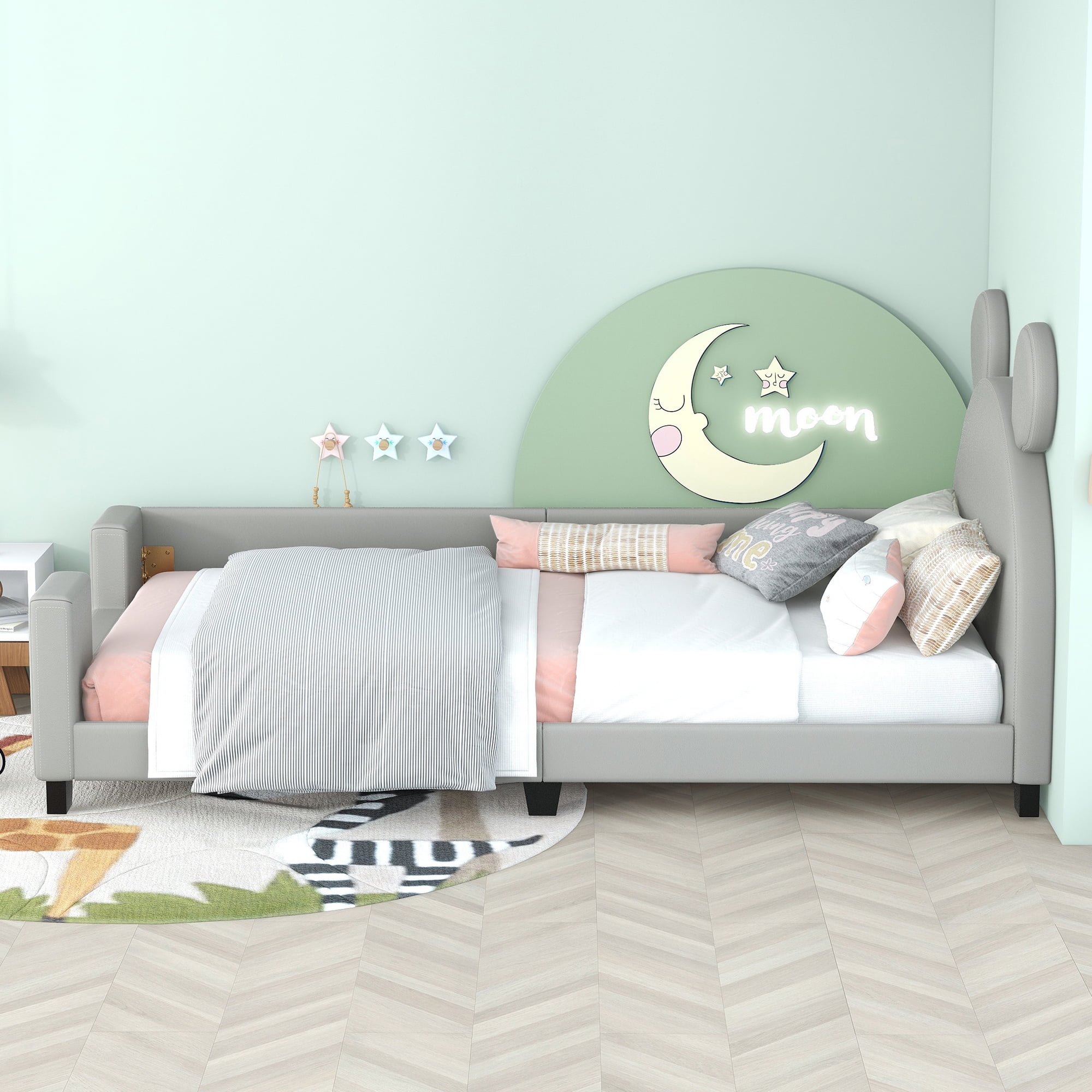 Twin Size Kids Daybed Upholstered Twin Bed with Carton Ears Shaped