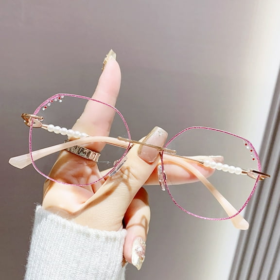 Women Rimless Diamond Purple Bling Glitter Reading Glasses 1.00. Ladies Elegant Anti-blue Light Pearl Oversized Readers  1.00 Strength