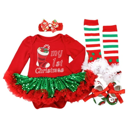 

Promotion!4pcs/set Infant Baby Girls Christmas Outfits Newborn Long Sleeve Romper Tutu Dress+Headband+Striped Leg Warmers+Shoes 0-18M