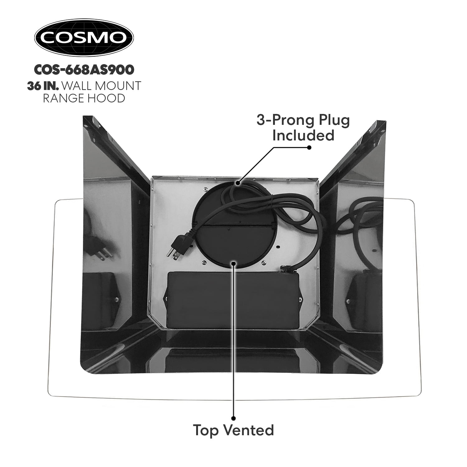 Cosmo 668AS900 36 in. 380 CFM Ducted Wall Mount Range Hood with Tempered Glass Visor and Permanent Filters
