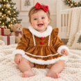 thumbnail image 5 of Baby Girls Christmas Gingerbread Romper Dress with Bow Headband, Long Sleeve Faux Fur Trim Holiday Outfit, 0-18M, 5 of 8