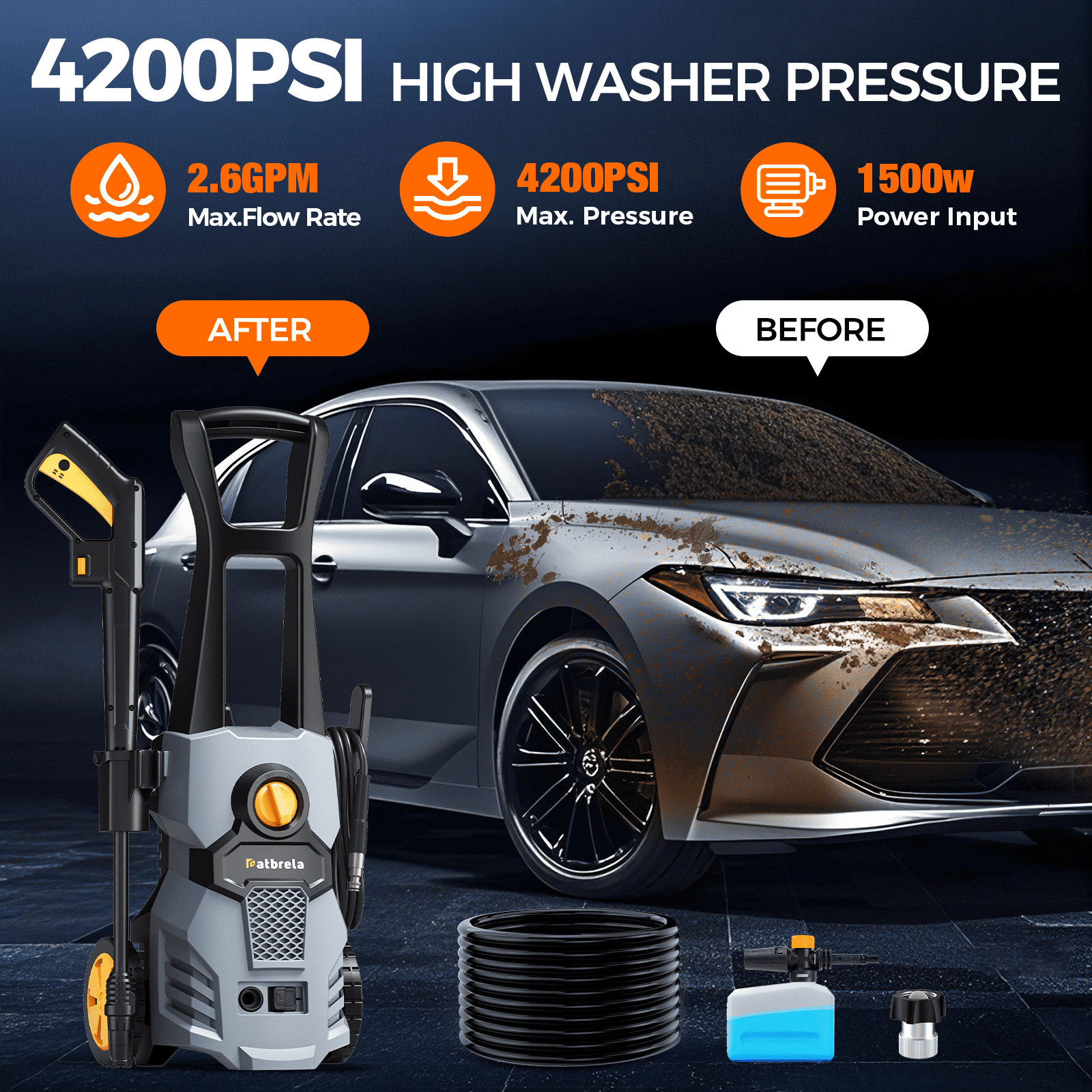 1500W Electric Pressure Washer, 4200PSI with Adjustable Nozzle Angle, Portable High Pressure Washer Cleaning Machine for Cars, Driveways, Fences, Patios, Home Cleaning - Gray