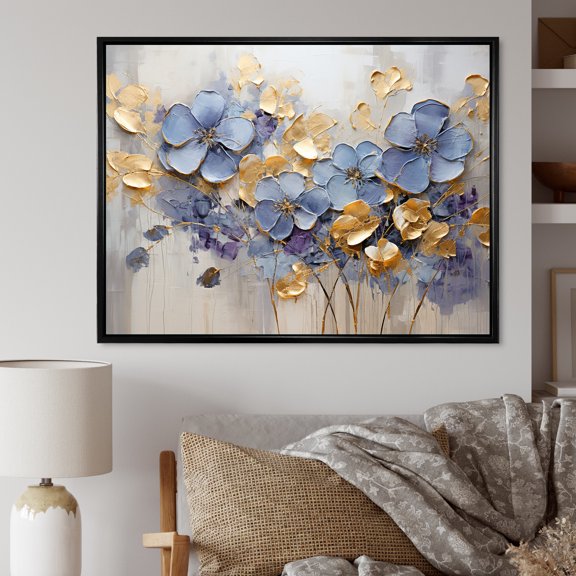 Designart "Exquisite Violets In Blue And Gold Hues I" Violets Floater Framed Canvas Wall Art