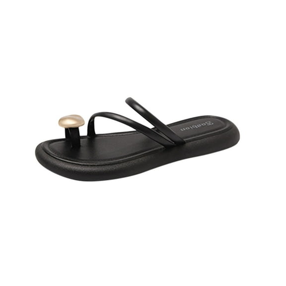 Xfvqtps Slide Sandals for Women Flat Sole Toe Ring Shell Decor Strappy Beach Summer Slippers Black