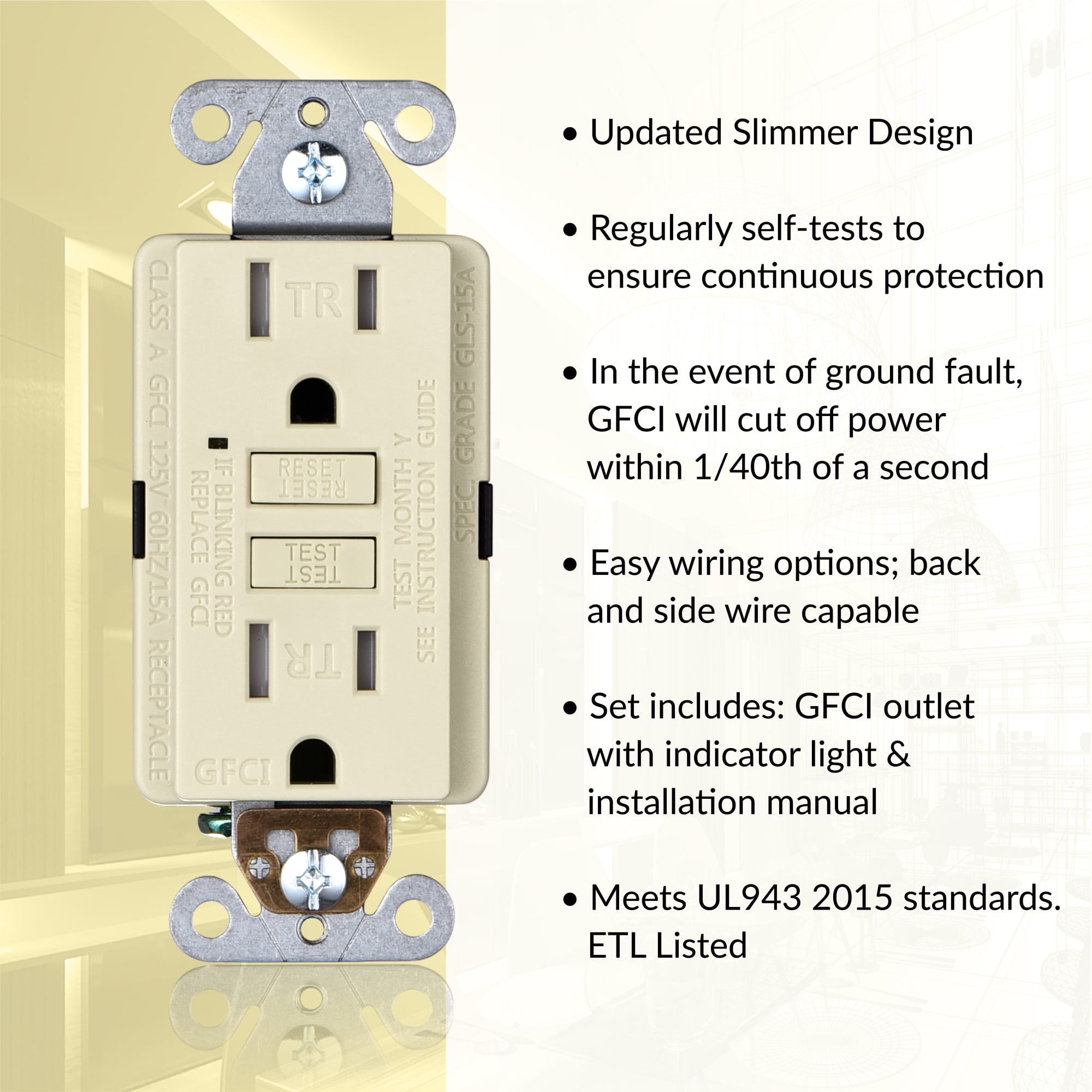 Faith 15A GFCI Outlets, Slim, Tamper-Resistant GFI Receptacles with Wall Plate, Lt Almond, 10-Pk