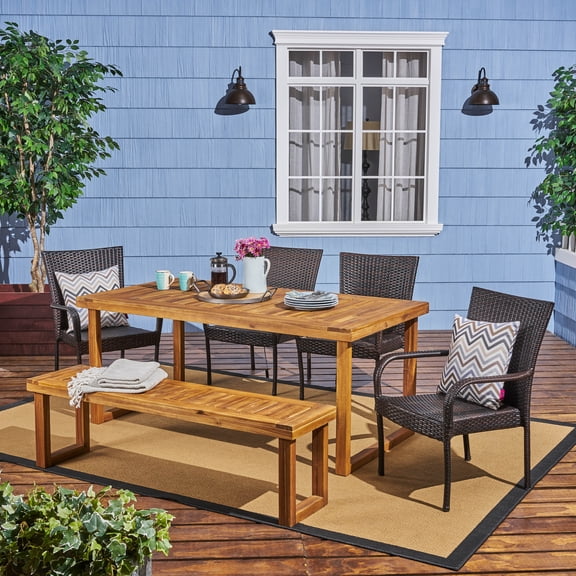 Zoe Outdoor 6 Piece Acacia Wood Dining Set with Bench and Wicker Stackable Chairs, Sandblast Natural Stained, Multi-Brown