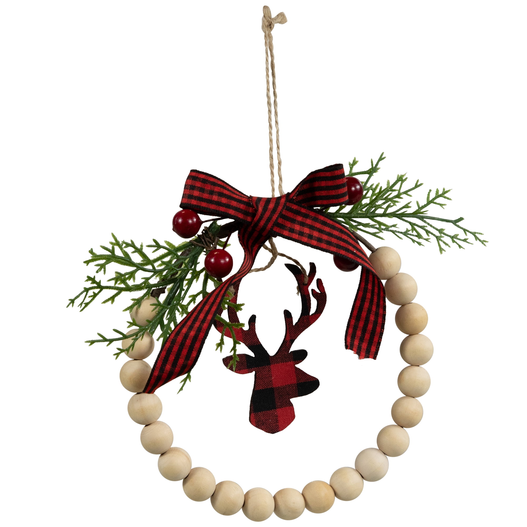 Northlight Plaid Reindeer with Pine and Berries Christmas Wreath Ornament - 7.5"