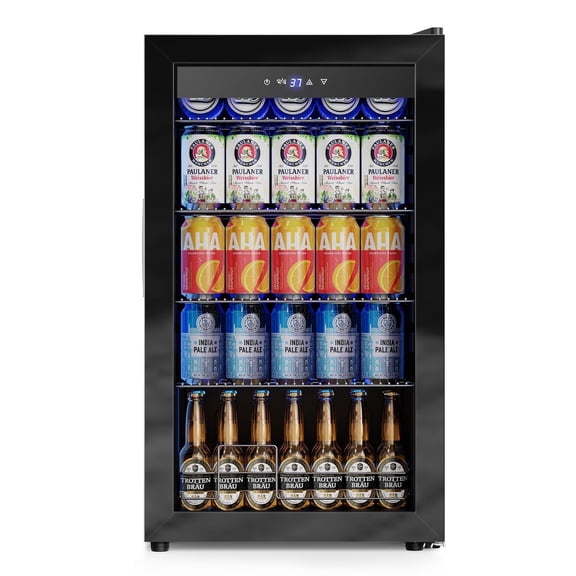 Nipus 17.52 inch Beverage Refrigerator Cooler,130 Cans Capacity with Glass Door for Soda Wine Beer, with Adjustable Removable Shelves, Black