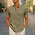 thumbnail image 2 of Men's Linen Henley Shirt – Short Sleeve Casual Beach Top with Lapel Collar, Hippie-Inspired Solid Color Summer Blouse, 2 of 7