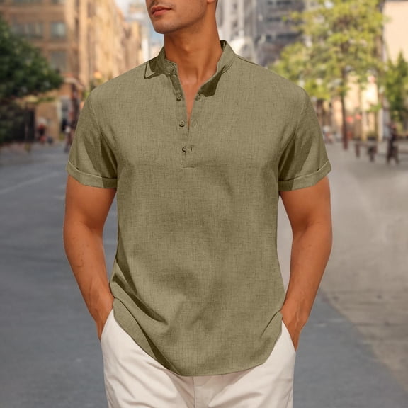 JXMVOJ Men's Casual Fashion Solid Short Sleeve Stand-up Collar Button Top Blouse Polyester Summer
