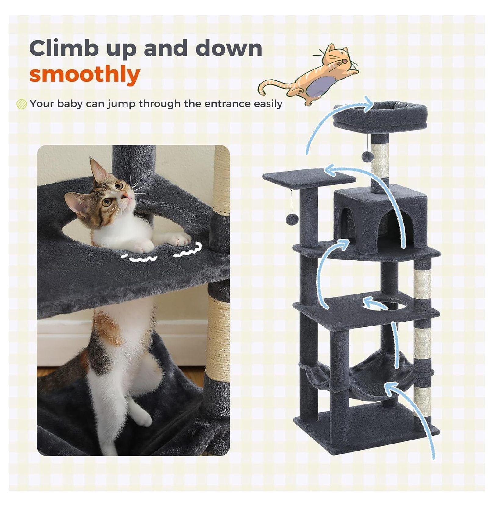 Cat Tree 56.3'' Multi-Level Tower, 2 Top Perch Cat Condo with Scratching Posts, Smoky Grey