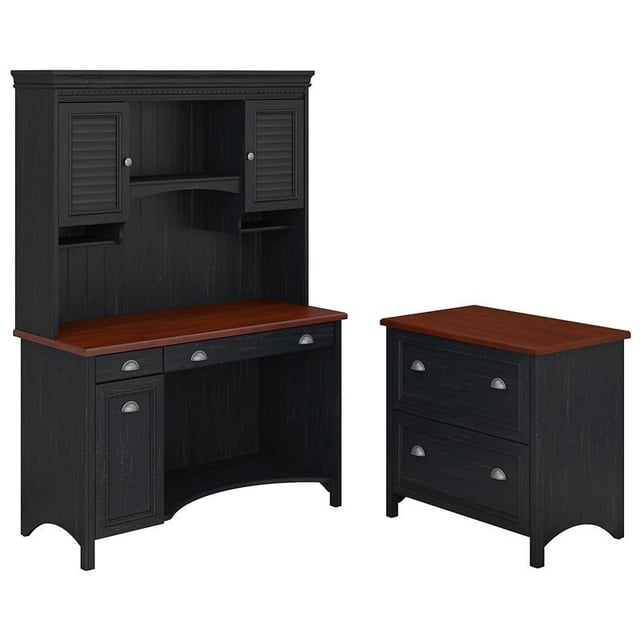 Fairview Computer Desk with Hutch and File Cabinet in Black - Engineered Wood