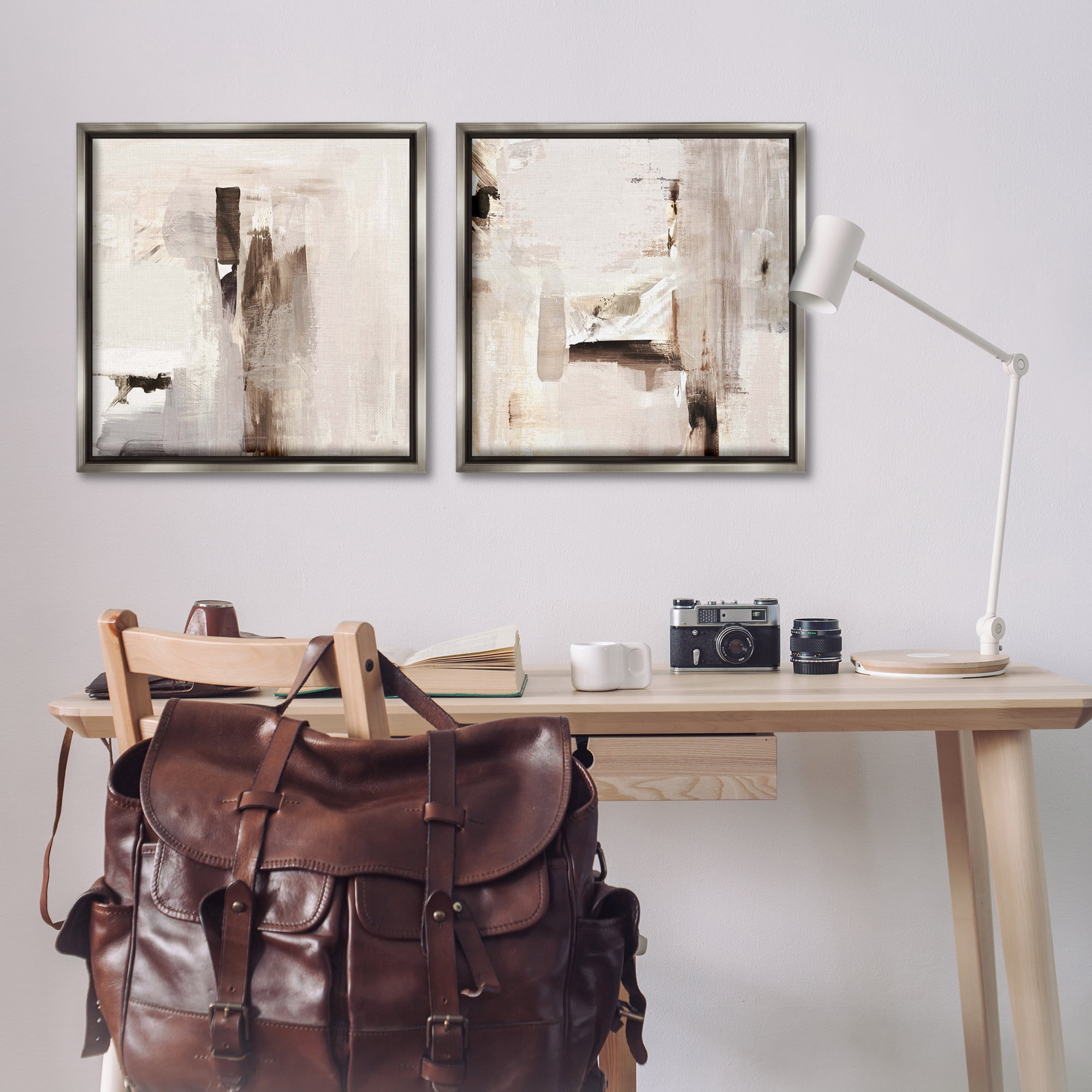 Stupell Industries Neutral Forms on Beige Abstract Painting Gray Floater Framed Canvas Art Print Wall Art, 25 x 25, Set of 2
