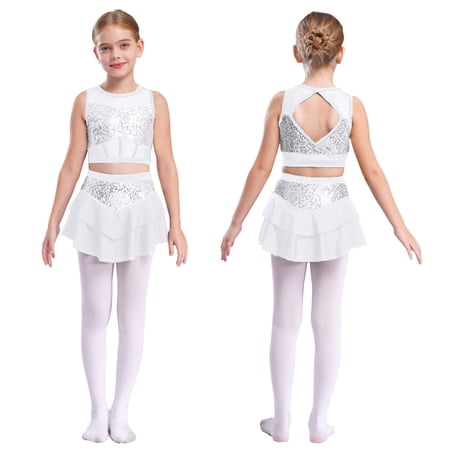 iiniim Girls 2 Piece Sequin Gym Ballet Lyrical Jazz Dance Outfit Sleeveless Crop Top with Layered Skirt White 12