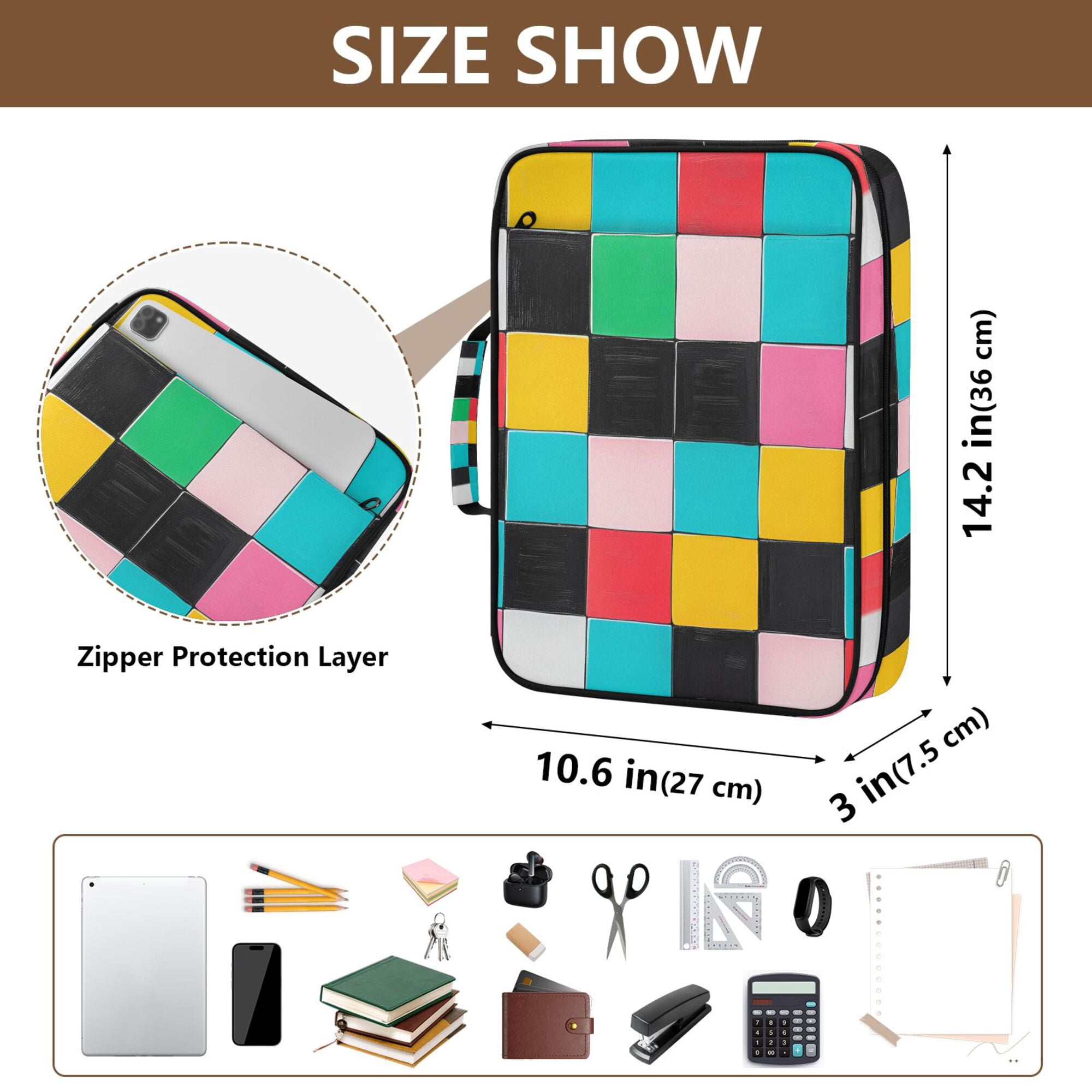 FORMRS Accordion File Folder A4 Size 7-Pocket Expanding Document Organizer Bag with 3 Ring Binder, Blue Checkered Pattern