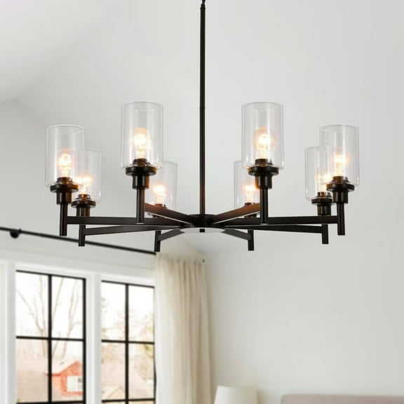 KPIBEST 27 inch black hollow design glass chandelier, 8 light modern living room chandelier