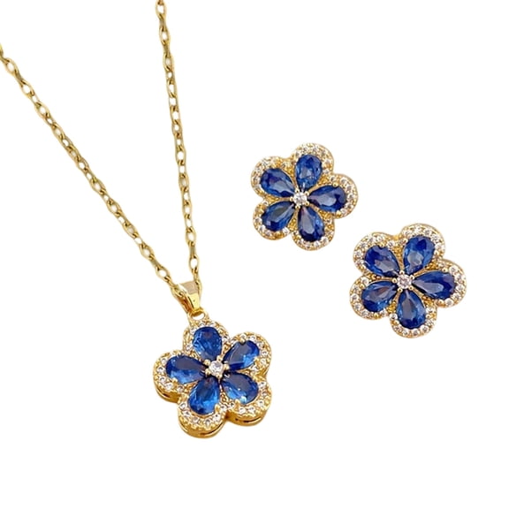 Sakura Flower Necklace and Earrings Set Blue Alloy Rhinestone Jewelry Set for Women Pendant Heart Chain Dainty Jewelry Valentine's Day Gift Party Jewelry Beaded Necklace Set Fashion Accessories