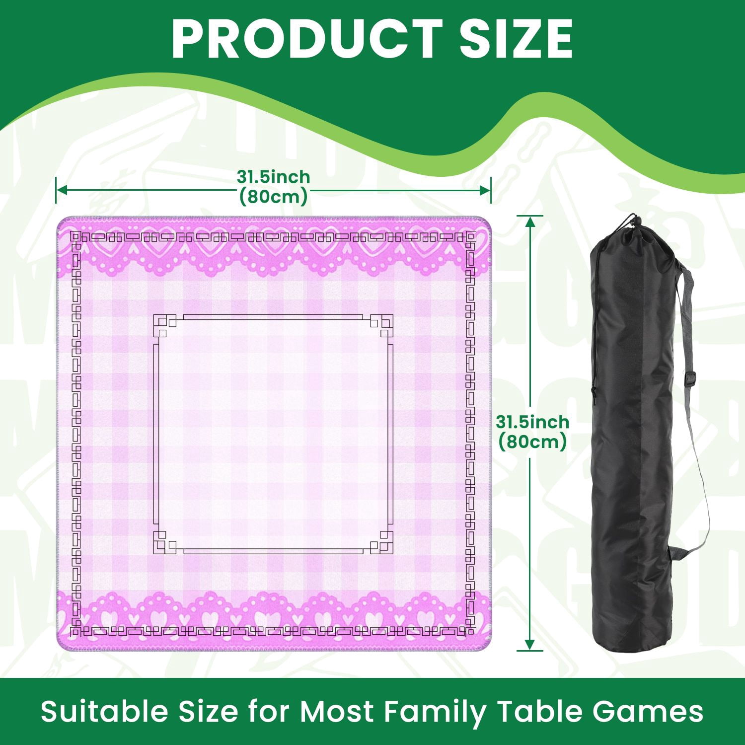 Mahjong Mat 31.5" x 31.5" Pink Checkered Heart Lace Trim Design Non-Slip Noise Reduction American Mahjong Tiles Table Cover for Dominoes Poker Card Board Games Gift