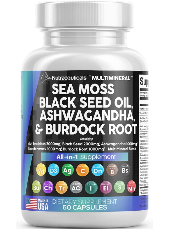 Sea Moss 3000mg Black Seed Oil 2000mg Ashwagandha 1000mg Turmeric 1000mg Bladderwrack 1000mg