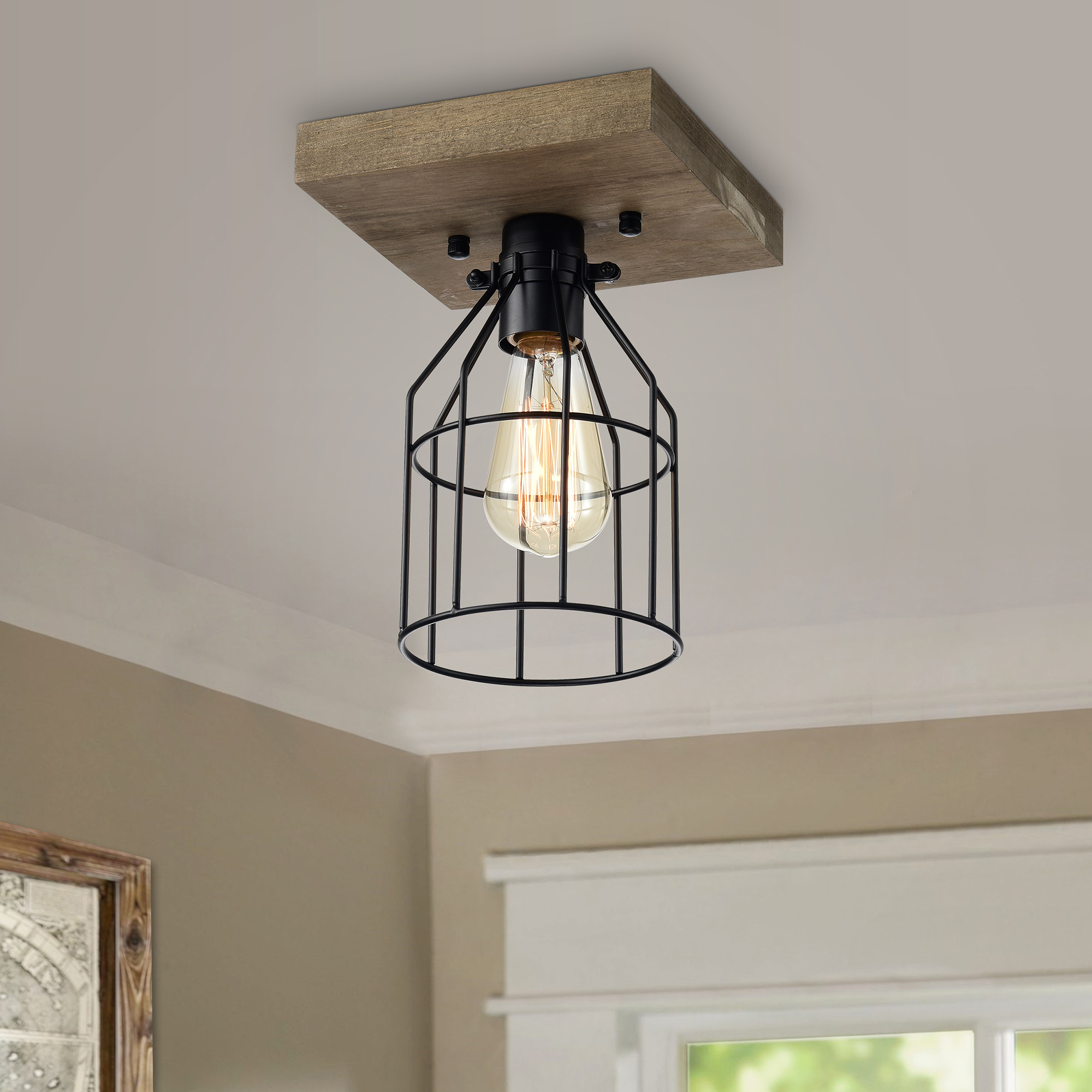 Koko 1 Light Wood And Metal Cage Flush Mount Walmartcom Walmartcom