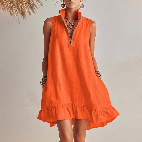QUNYINEY Women Dresses Summer A Line Mini Sleeveless Sundress Solid with Pockets Quarter Zip Loose Fit Mock Neck Dresses