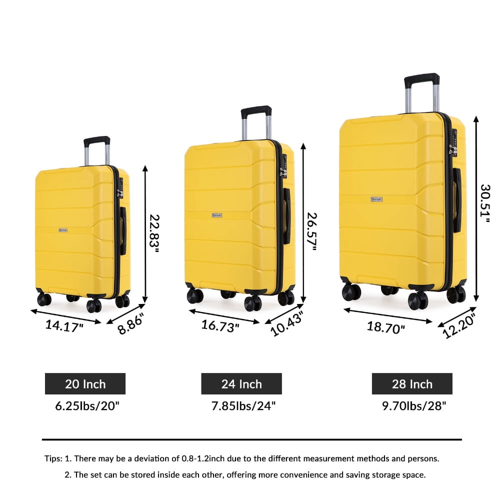 Yougu 3-Piece Hardside Carry-On Luggage Set, 20" 24" 28", Unisex, Yellow