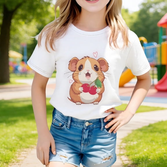 Girls Shirts Loose Cartoon Hamster Print Short Sleeve Round Neck Top Toddler Girl Clothes White 1-2Y