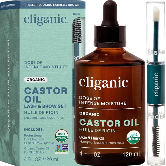 Cliganic Organic Castor Oil with Eyelash Kit for Hair, Skin & All Hair Types, 4 fl oz