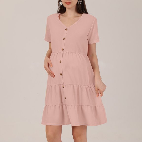 Danhjin Pink Maternity Dress Short Sleeve V Neck Dress Solid Color Ruched Casual Loose Pregnancy Dress Maternity Nightgown For Summer Daily