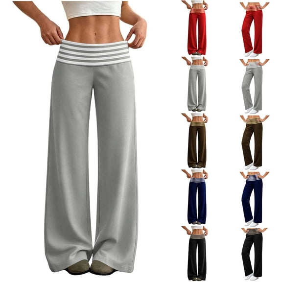 Zormilly Womens Wide Leg Pants Striped Fold Over Elastic High Waisted Loose Pants Casual Soft Trousers, S-2XL