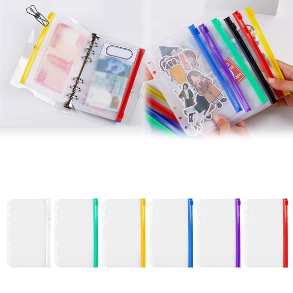 Vivcore A6 Binder Pockets, 6-Hole Waterproof PVC Zipper Cash Envelopes, Multicolor Money Organizer for Cash Stuffing, Loose Leaf Budget Planner Inserts, 1 Pack
