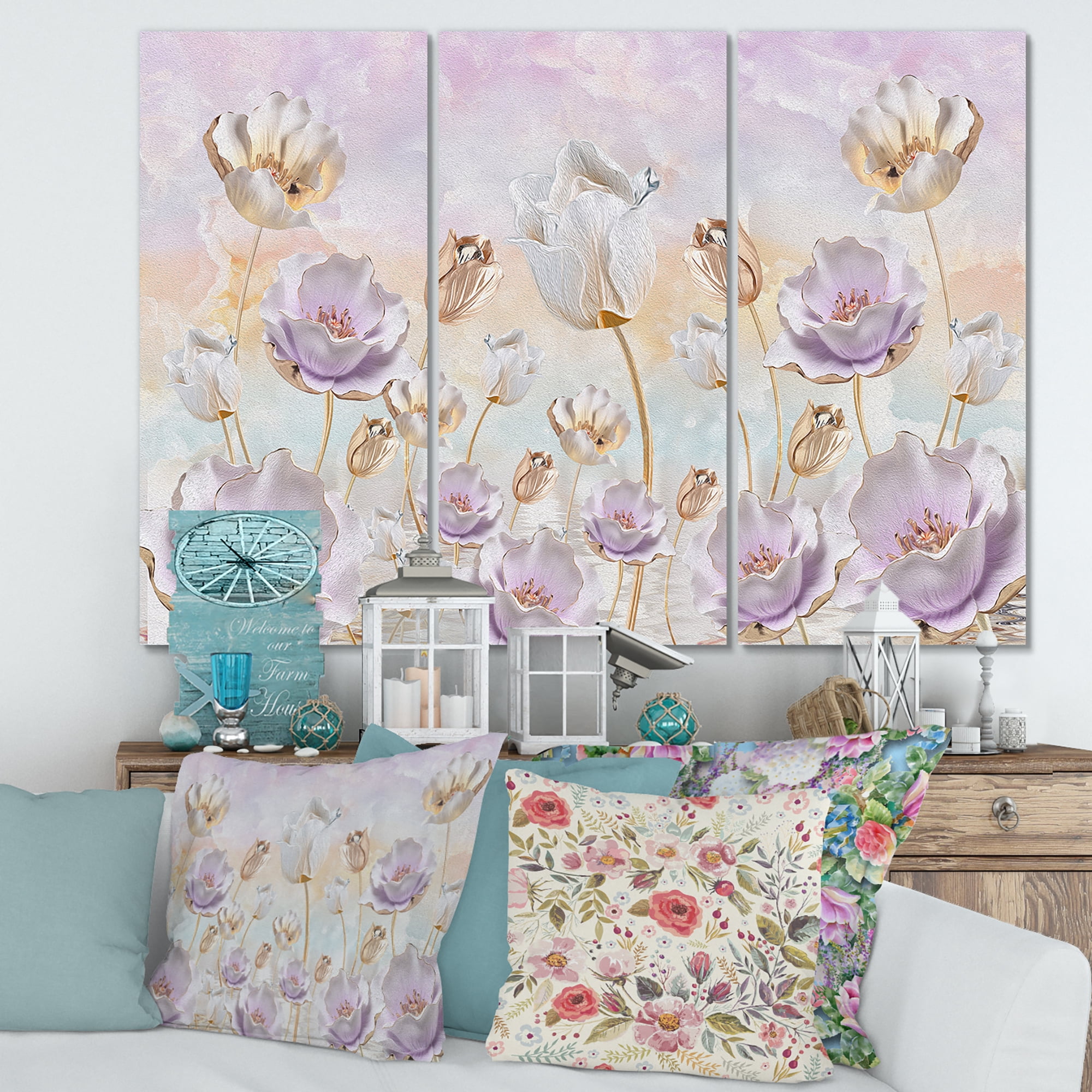 Designart ' Blossoming Pastel Tones Flowers ' Traditional Canvas Wall Art Print