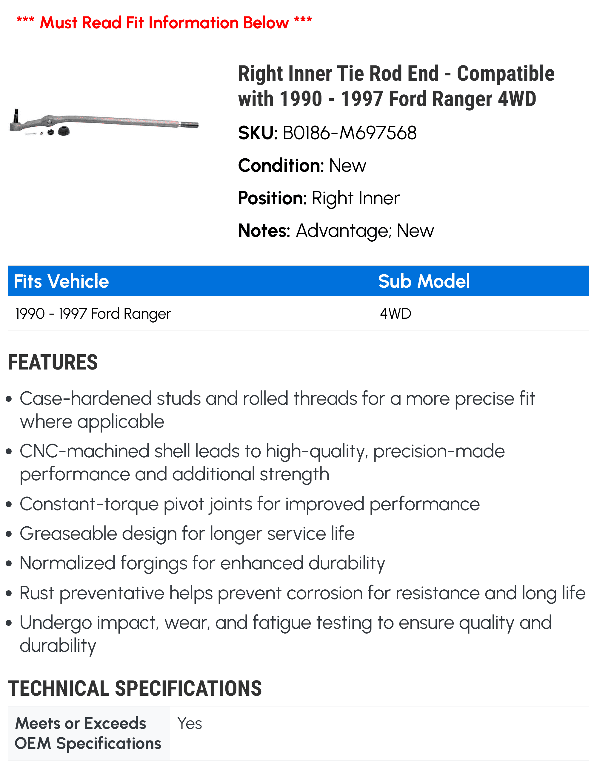 Right Inner Tie Rod End - Compatible with 1990 - 1997 Ford Ranger 4WD 1991 1992 1993 1994 1995 1996