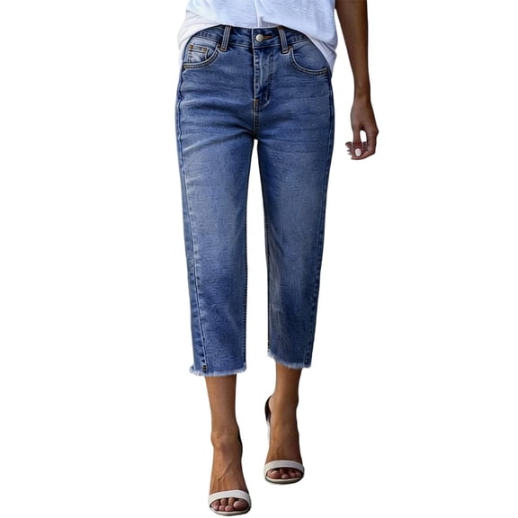 Cropped Denim Pants Women Casual Jean Capris for Office Work Summer Casual Travel Vacation Distressed Ripped Denim Capri Trousers with Pocket Light Blue M