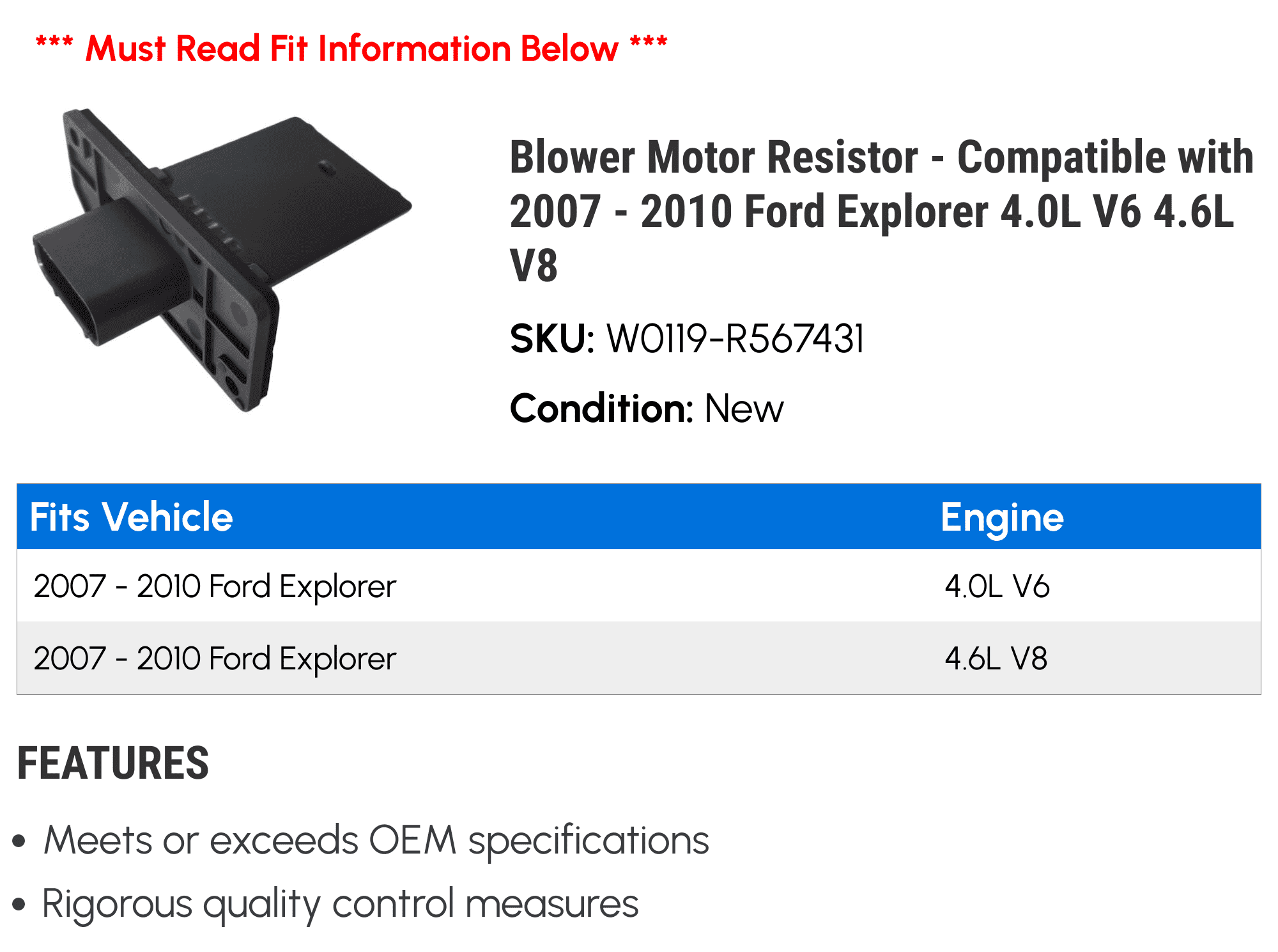 Blower Motor Resistor - Compatible with 2007 - 2010 Ford Explorer 4.0L V6 4.6L V8 2008 2009