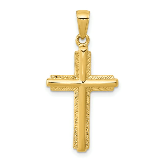 Pendentif Croix en Or Jaune 14K avec Bordure Rayée