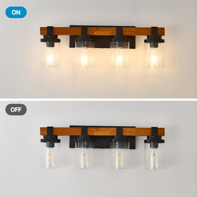 TICOZE 4-Light Matte Black and Wooden Wall Lamps with Glass Shade Vanity Lighting Fixtures for Dining Room Hallway Bedroom (Bulbs Not Included)