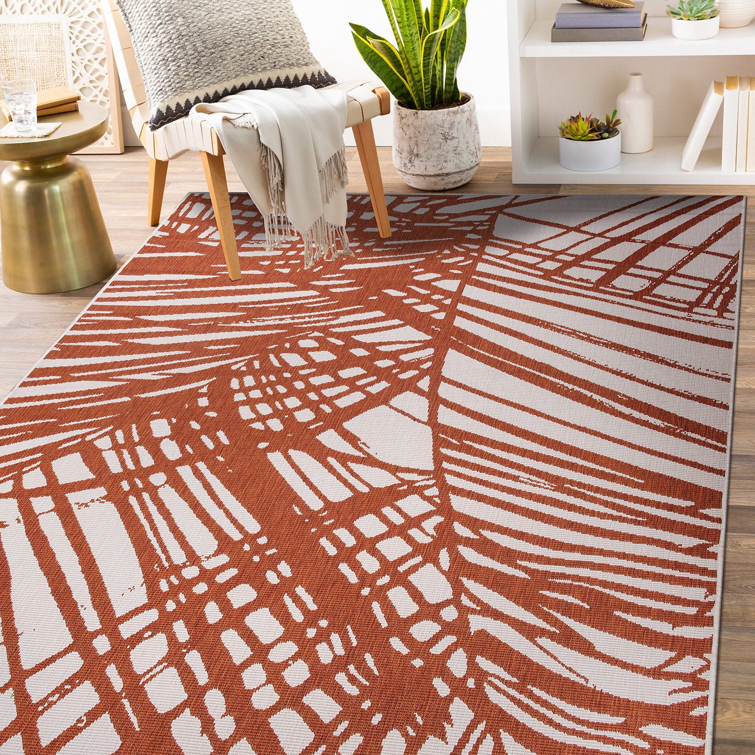 World Rug Gallery Contemporary Nature Inspired Tropical Leaves Reversible Indoor/Outdoor Area Rug - Rust 5'x7'