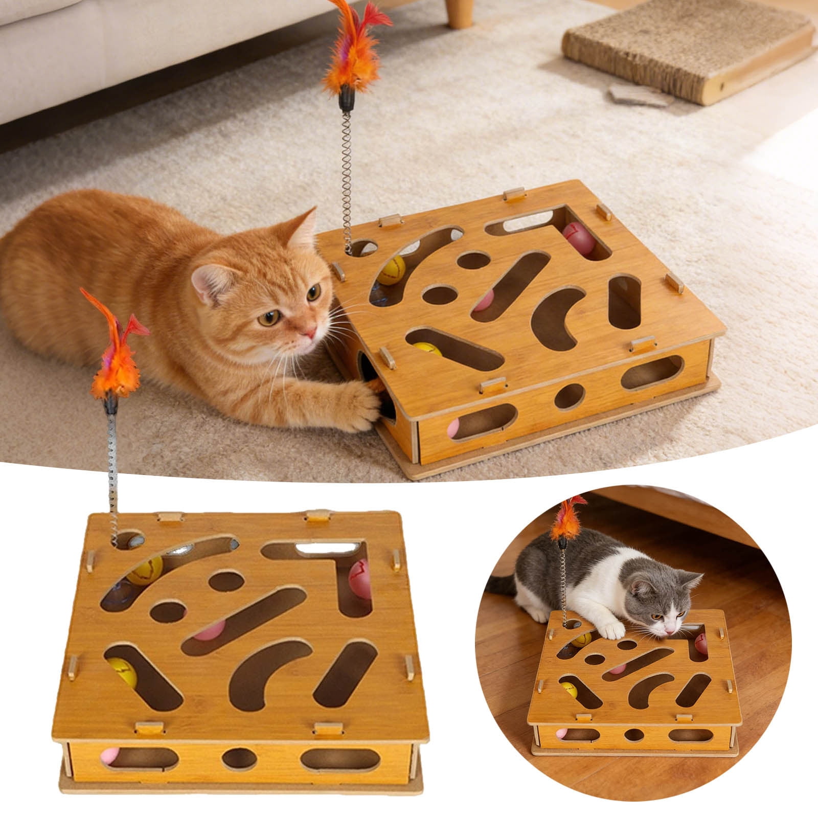 Pet Toys Enrichment for Indoor Cats Interactive Wooden Scratch Puzzle with Sandpaper and Stress- Nail Care Alternative for Cats