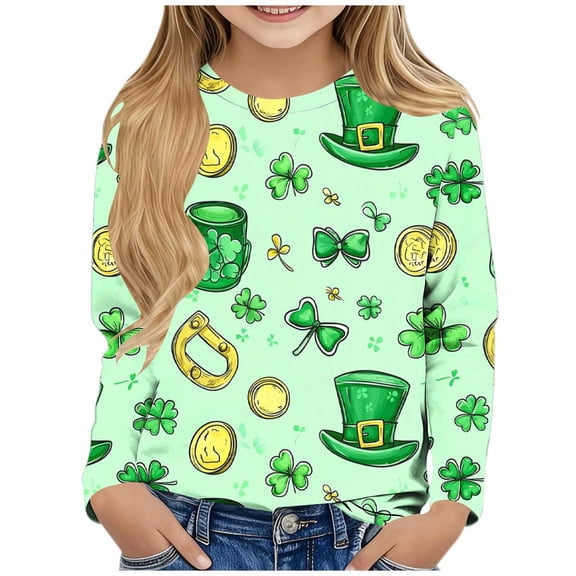Twczz Girls St Patricks Day Shirts- Casual Long Sleeve Cute Soft Kids Luck Tops Mint Green Size 4-14